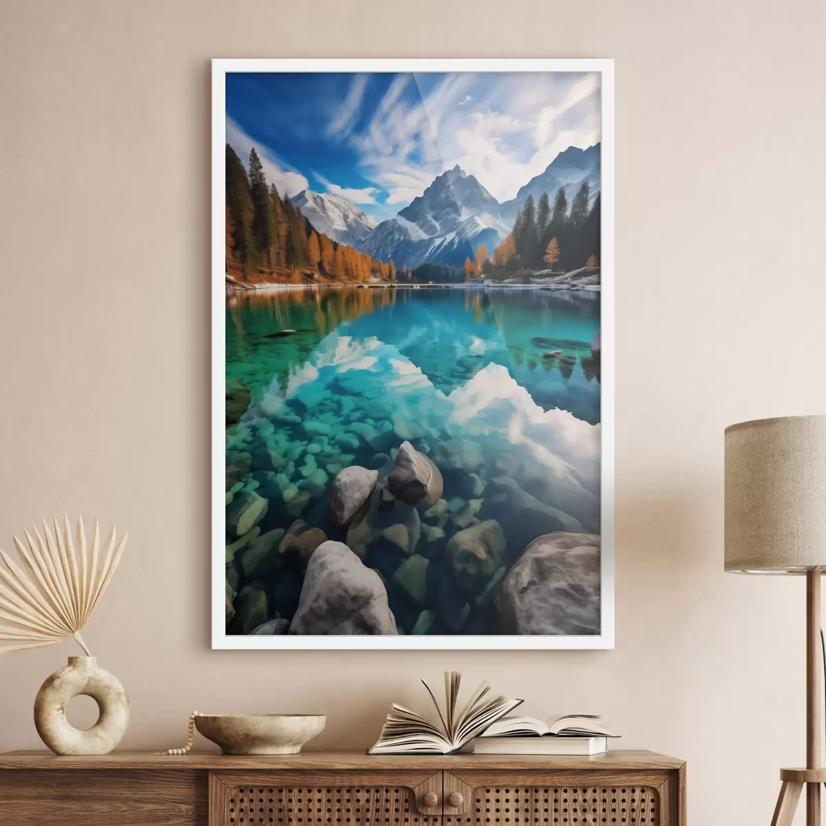 Poster Lago di montagna con acque turchesi e larici autunnali f46517