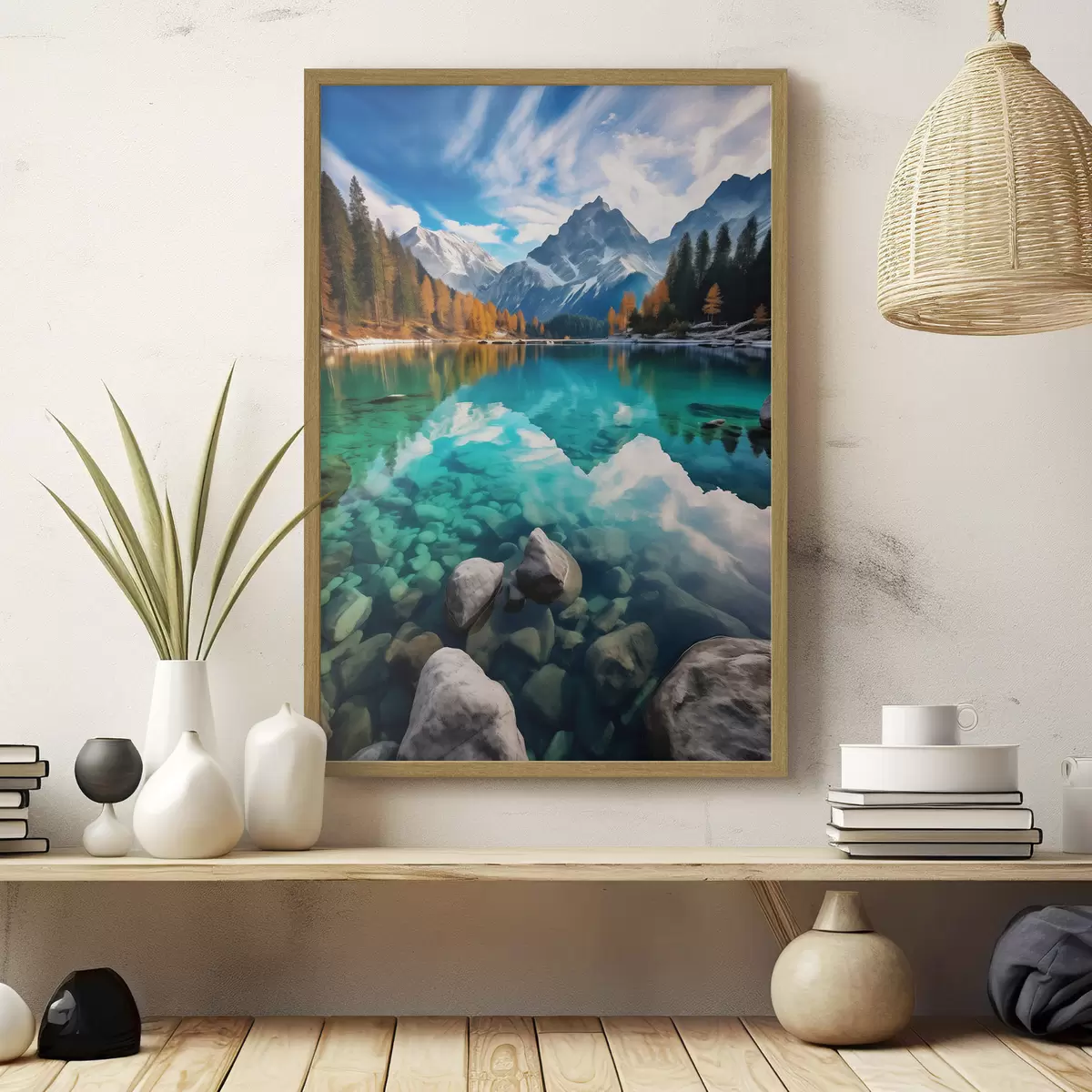 Poster Lago di montagna con acque turchesi e larici autunnali f46517