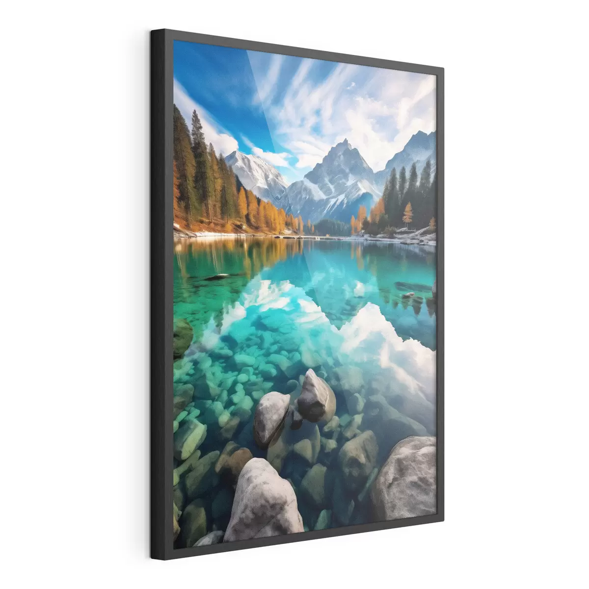 Poster Lago di montagna con acque turchesi e larici autunnali f46517