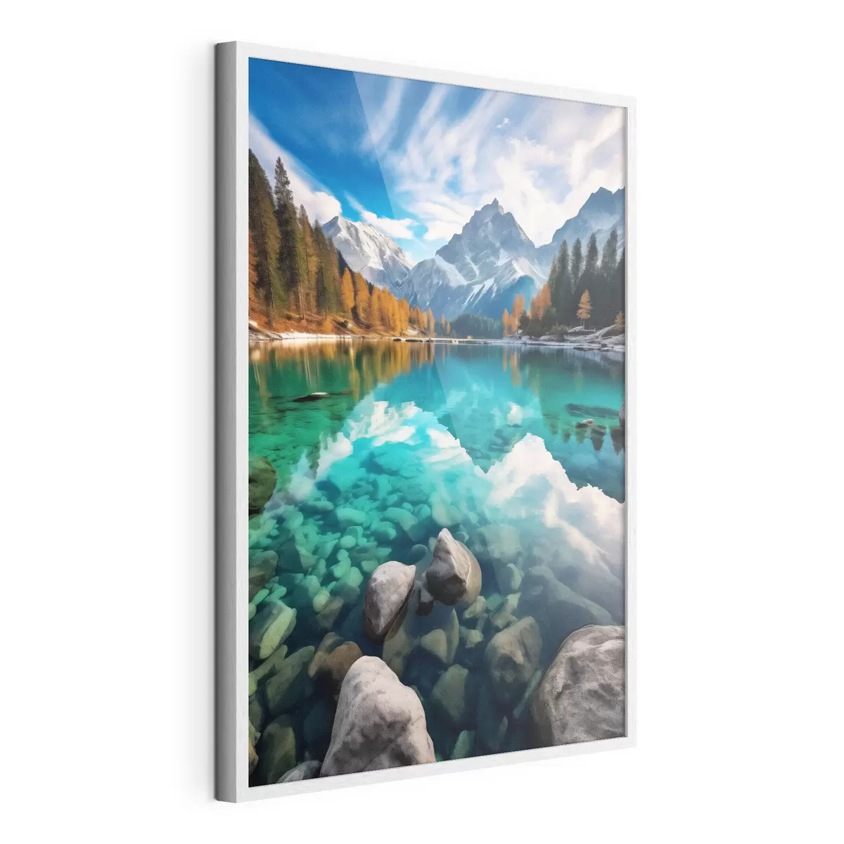 Poster Lago di montagna con acque turchesi e larici autunnali f46517