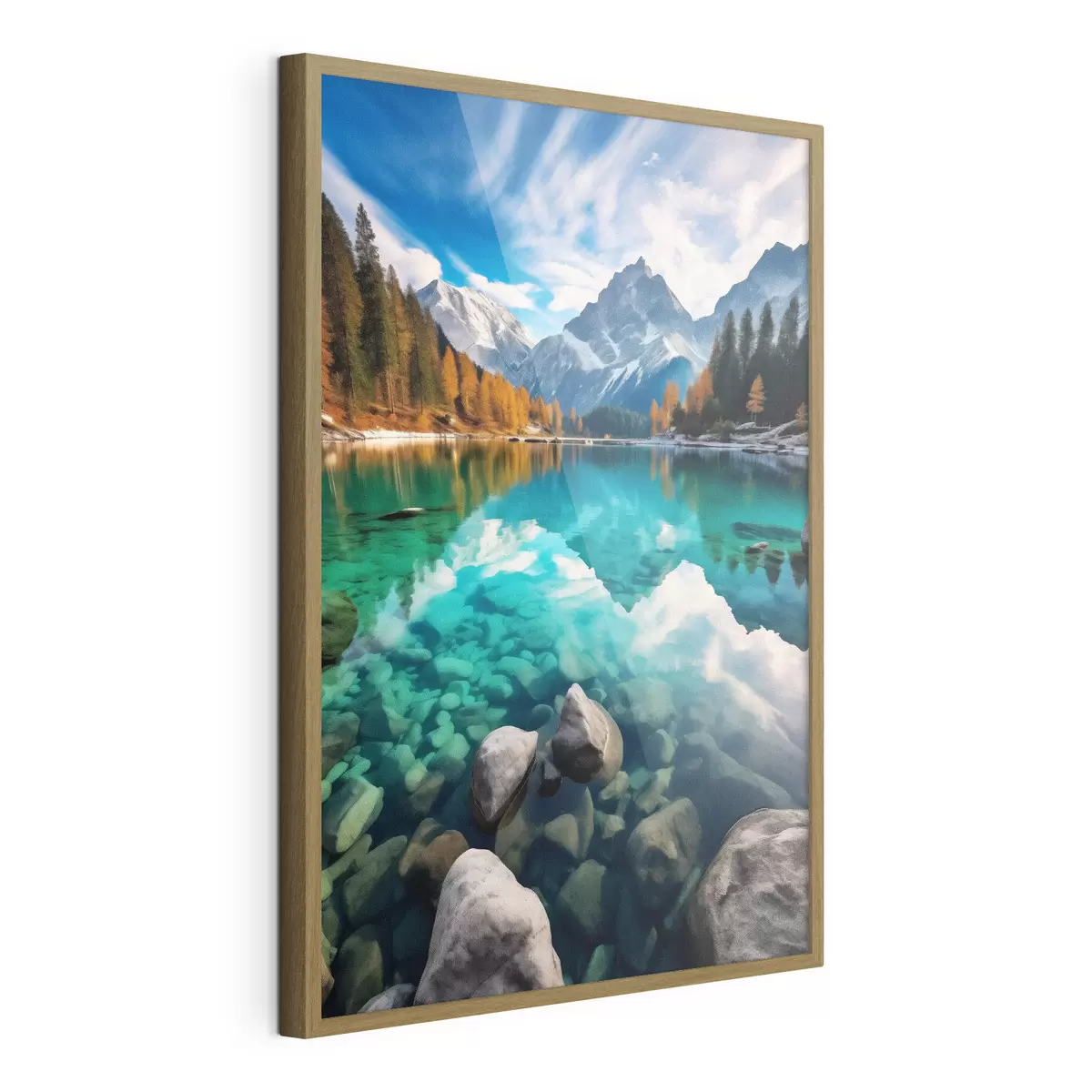 Poster Lago di montagna con acque turchesi e larici autunnali f46517