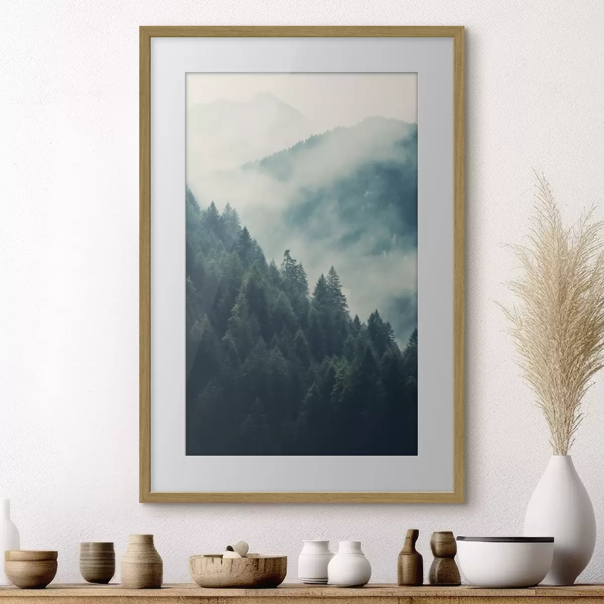 Poster Crinali montuosi avvolti dalla nebbia e fitte foreste di conifere f46518