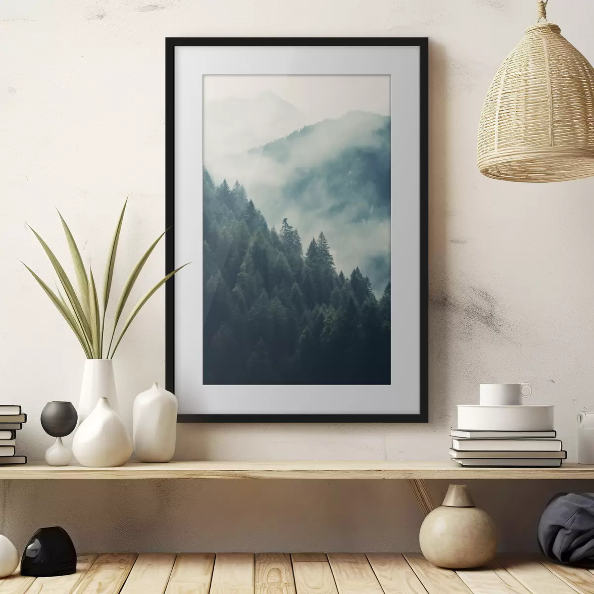 Poster Crinali montuosi avvolti dalla nebbia e fitte foreste di conifere f46518