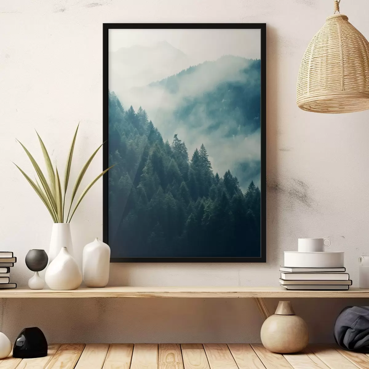 Poster Crinali montuosi avvolti dalla nebbia e fitte foreste di conifere f46518