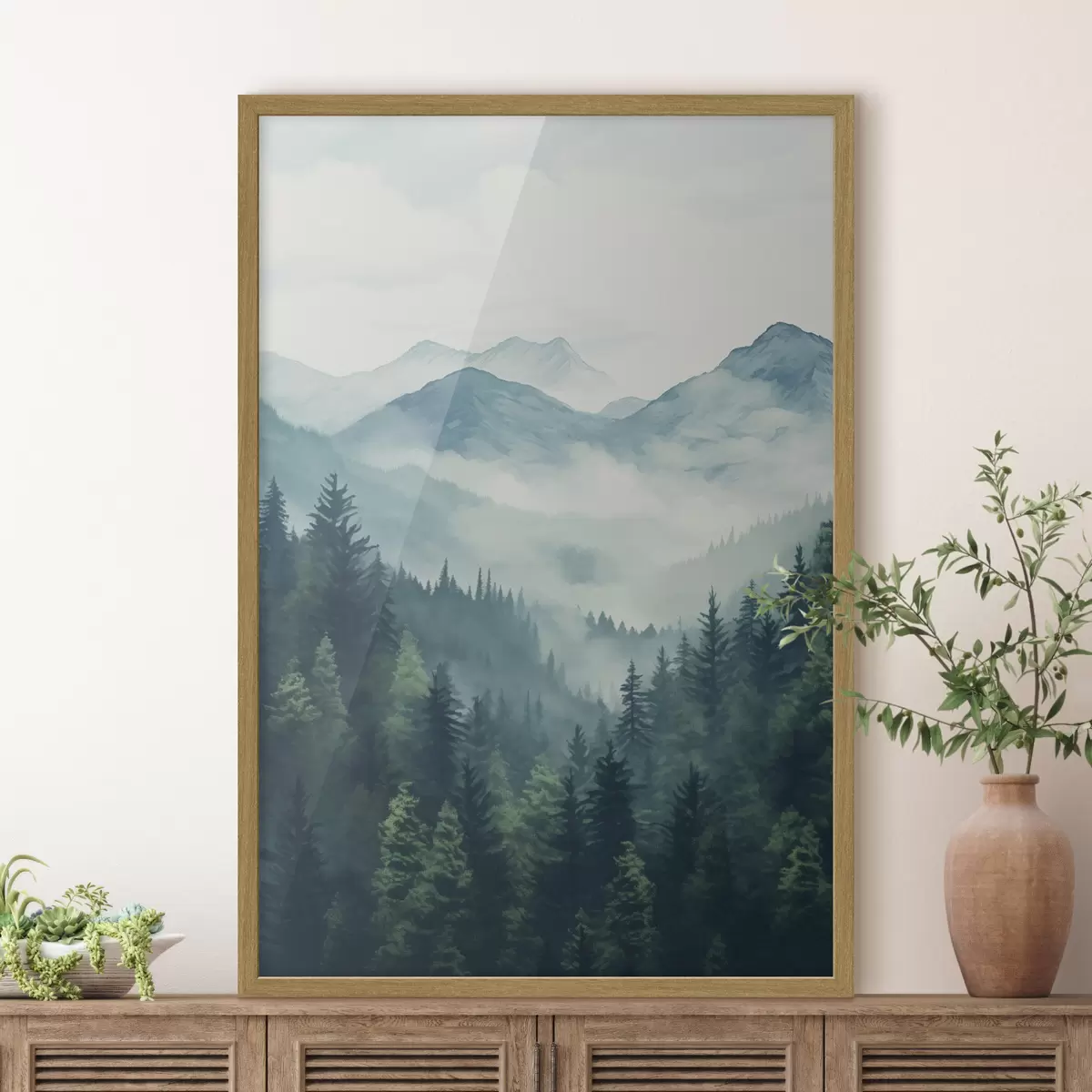 Poster Montagne e foreste dipinte ad acquerello nella leggera foschia mattutina f46519