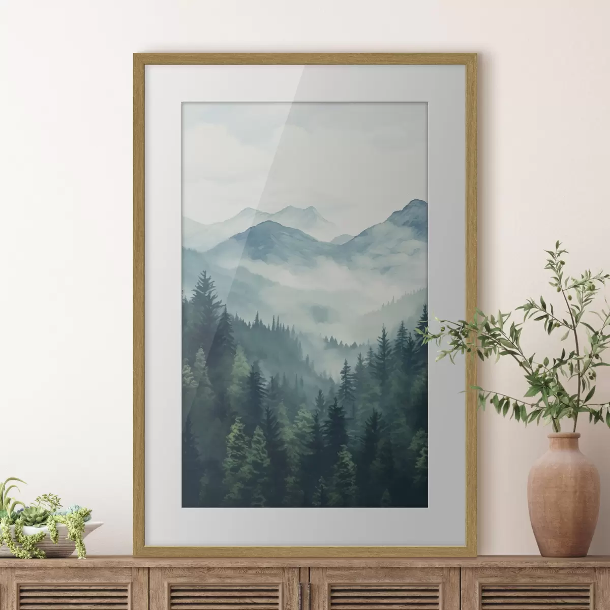 Poster Montagne e foreste dipinte ad acquerello nella leggera foschia mattutina f46519