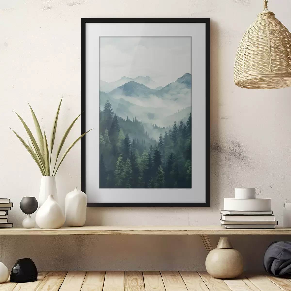 Poster Montagne e foreste dipinte ad acquerello nella leggera foschia mattutina f46519