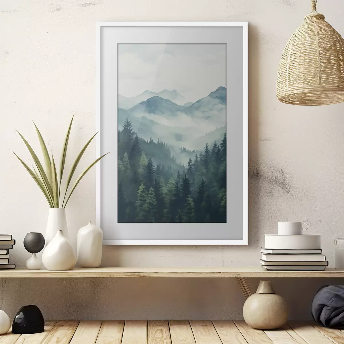 Poster Montagne e foreste dipinte ad acquerello nella leggera foschia mattutina f46519
