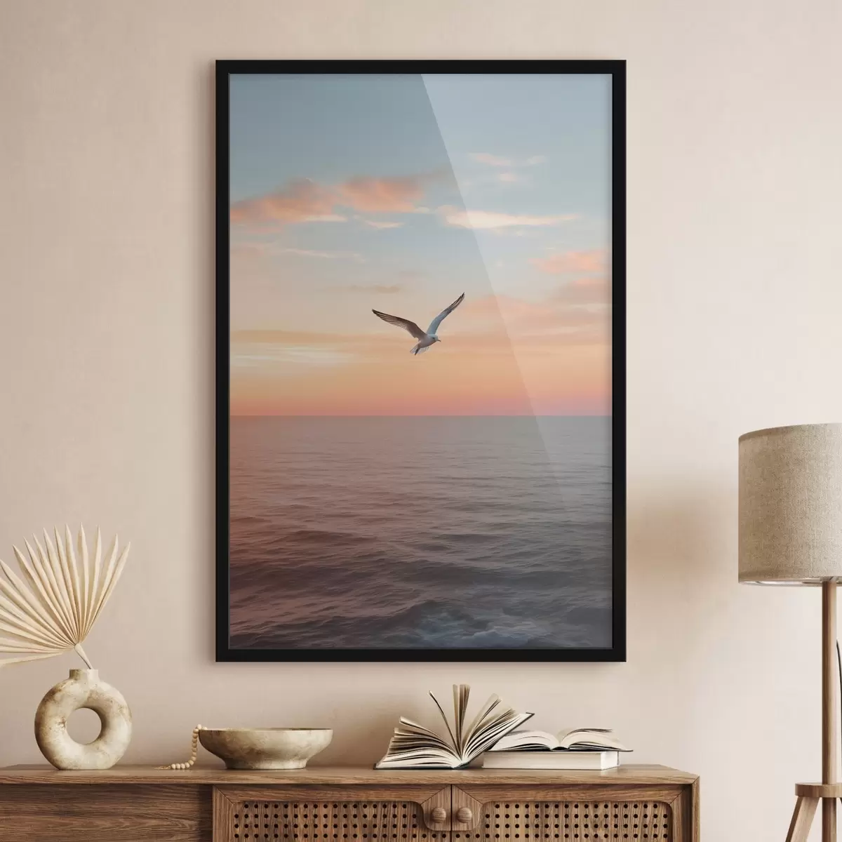 Poster Gabbiano sul mare al tramonto rosa-pesca f46520