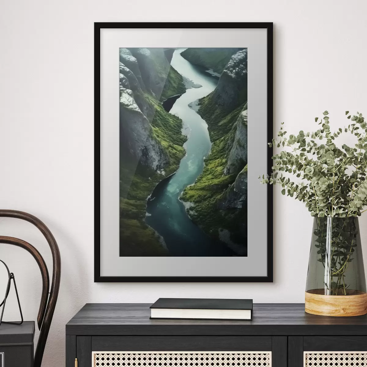 Poster Fiume serpeggiante tra le scogliere, vista aerea f46521
