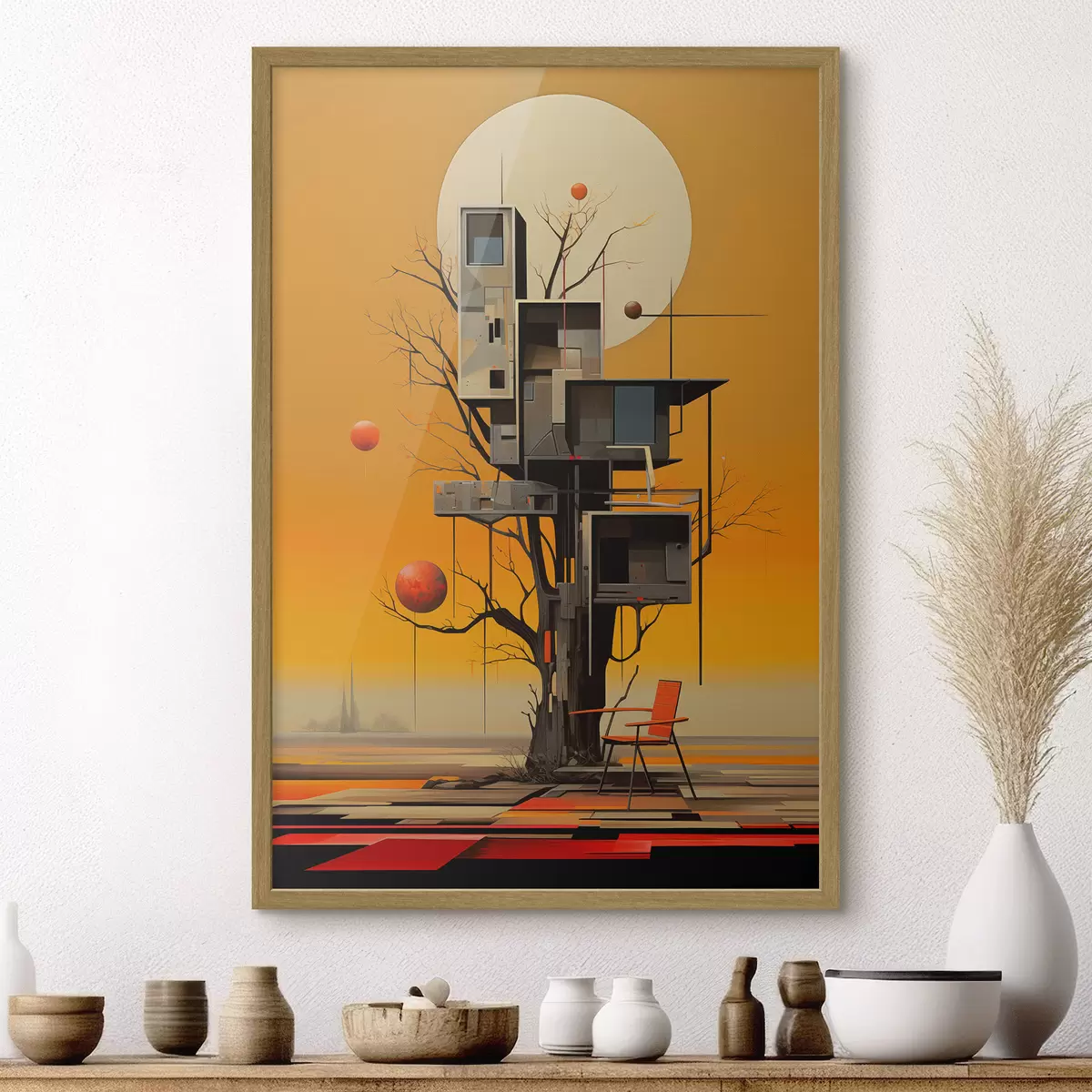 Poster Surreale casa sull'albero su sfondo arancione f46526