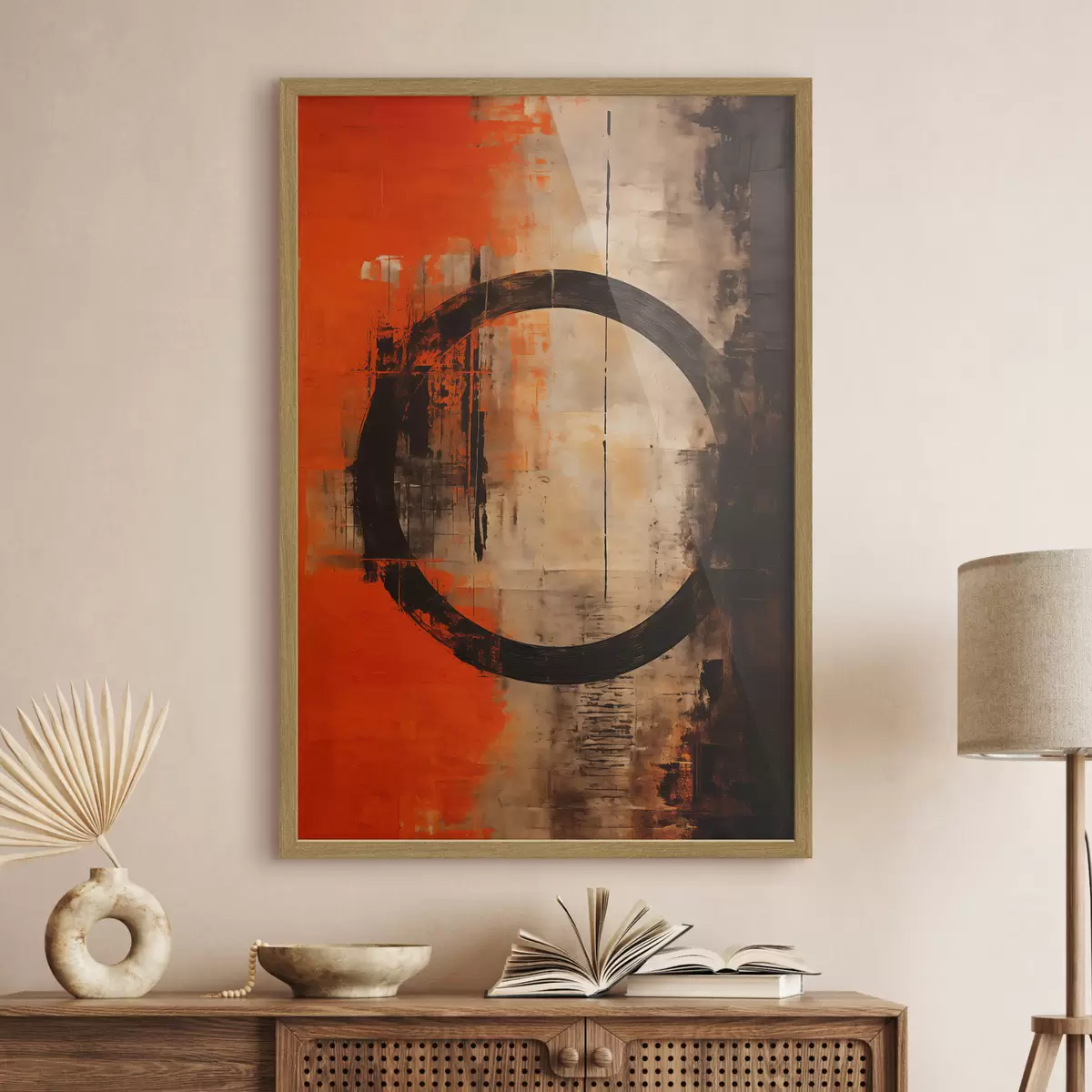 Poster Astratto con un grande cerchio nero e texture calde f46528