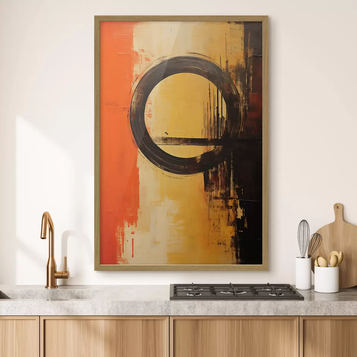 Poster Astratto con un anello nero su sfondo terracotta-sabbia f46529