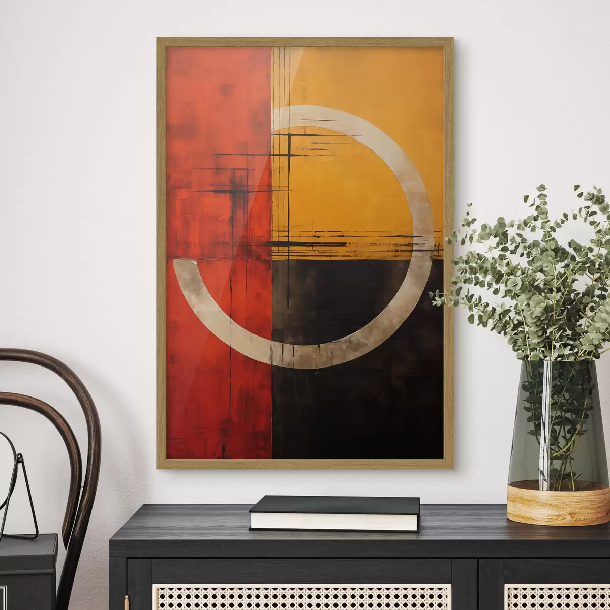 Poster Cerchio astratto su sfondo rosso-nero con linee f46535