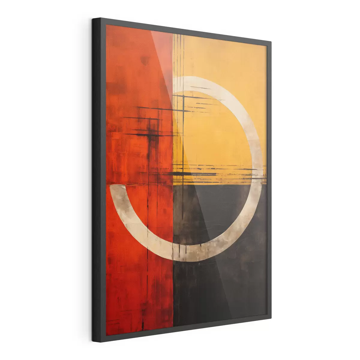 Poster Cerchio astratto su sfondo rosso-nero con linee f46535
