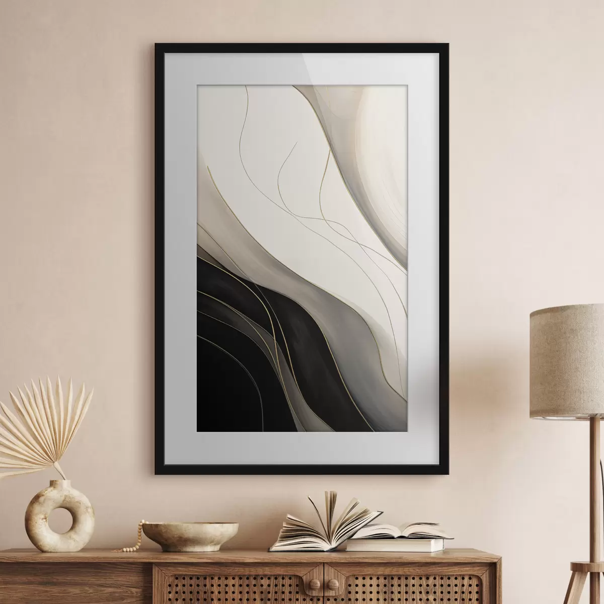 Poster Onde in nero e beige con sottili linee ocra f46541