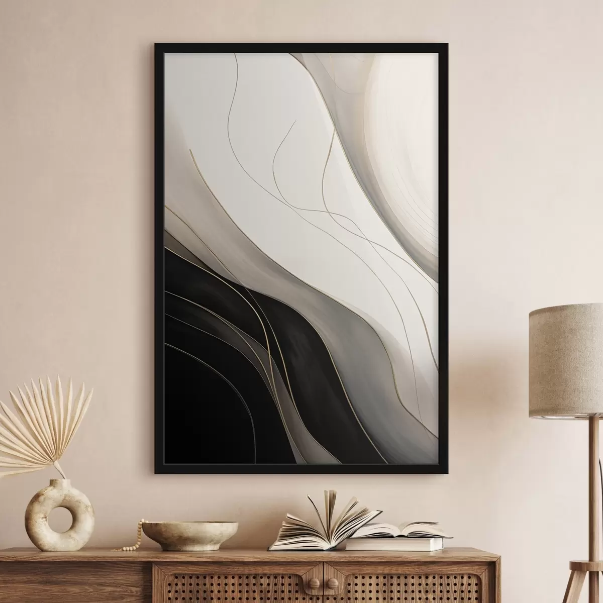 Poster Onde in nero e beige con sottili linee ocra f46541