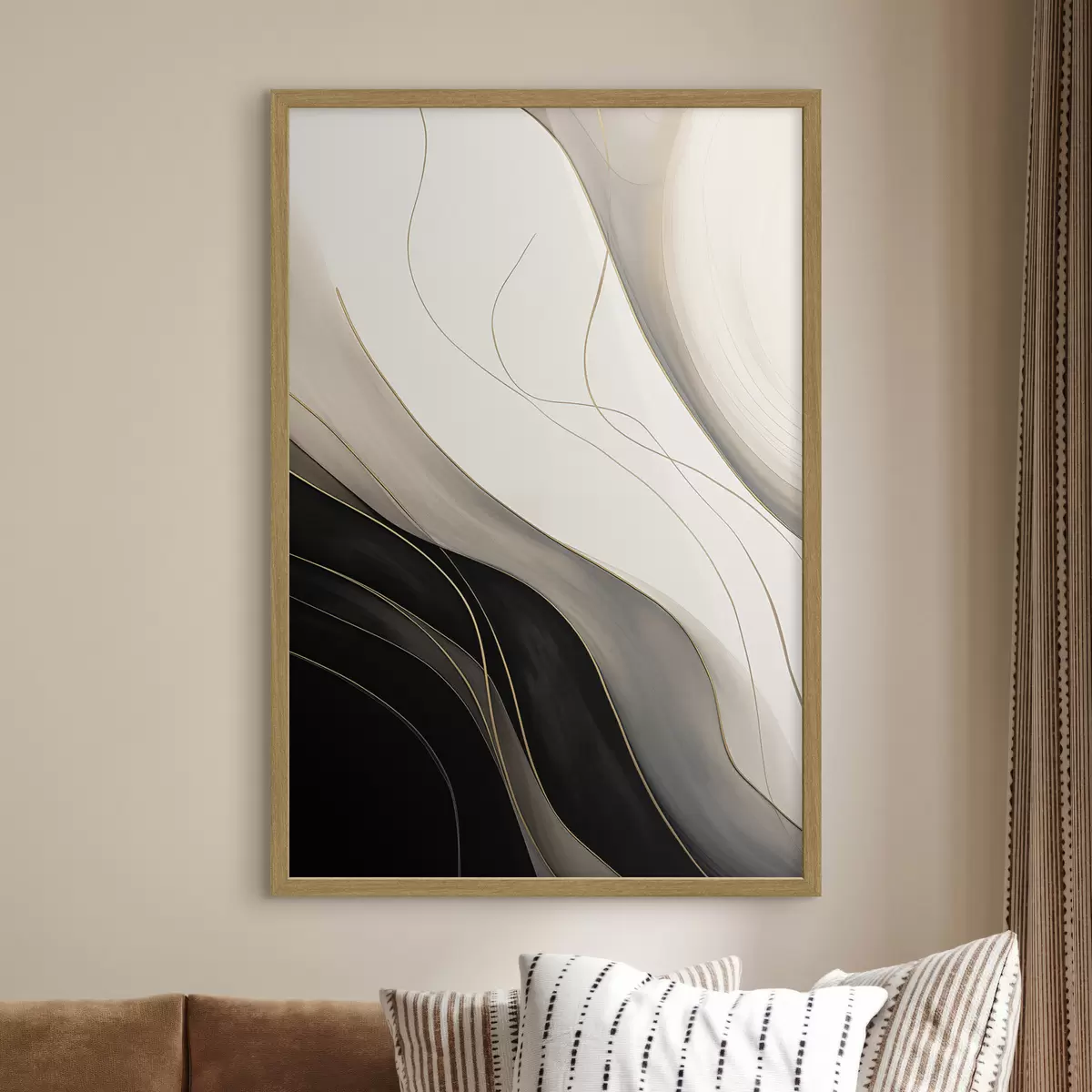 Poster Onde in nero e beige con sottili linee ocra f46541