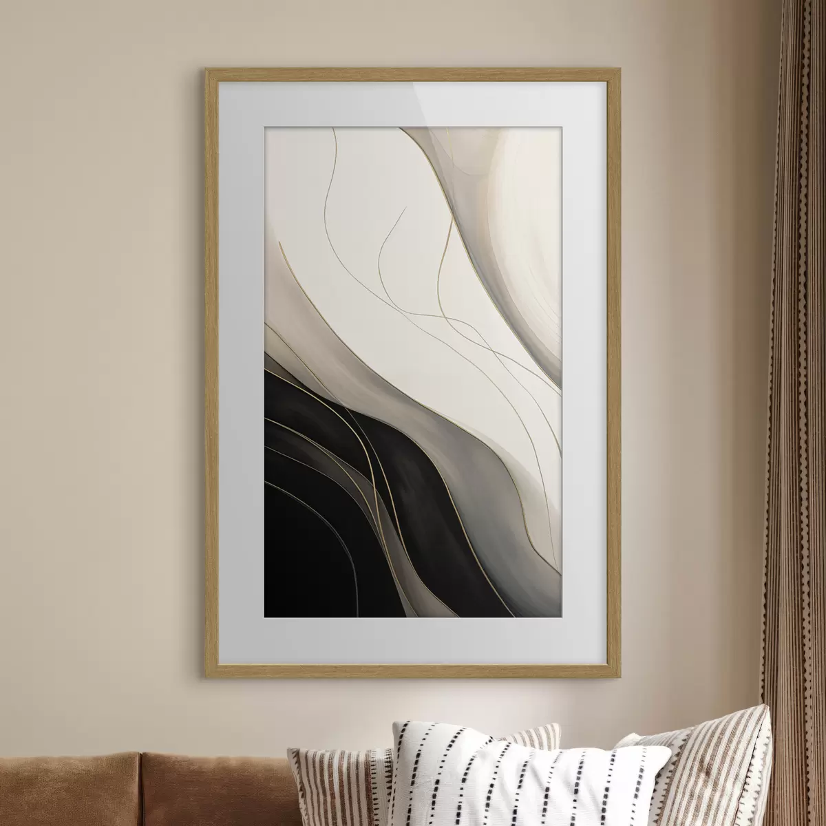 Poster Onde in nero e beige con sottili linee ocra f46541