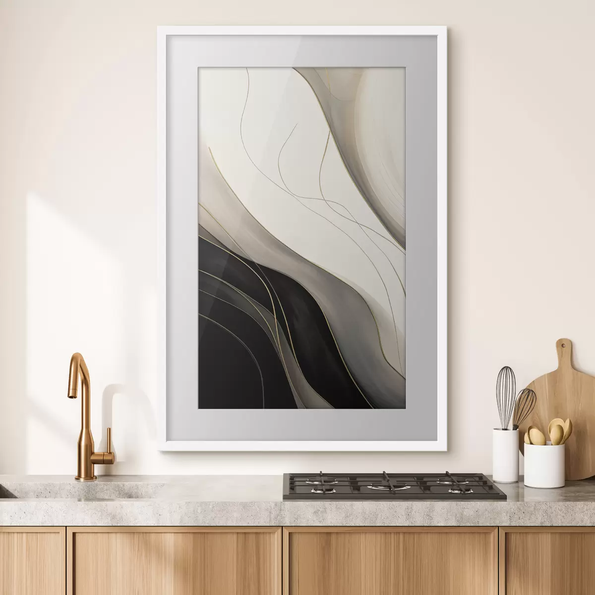 Poster Onde in nero e beige con sottili linee ocra f46541