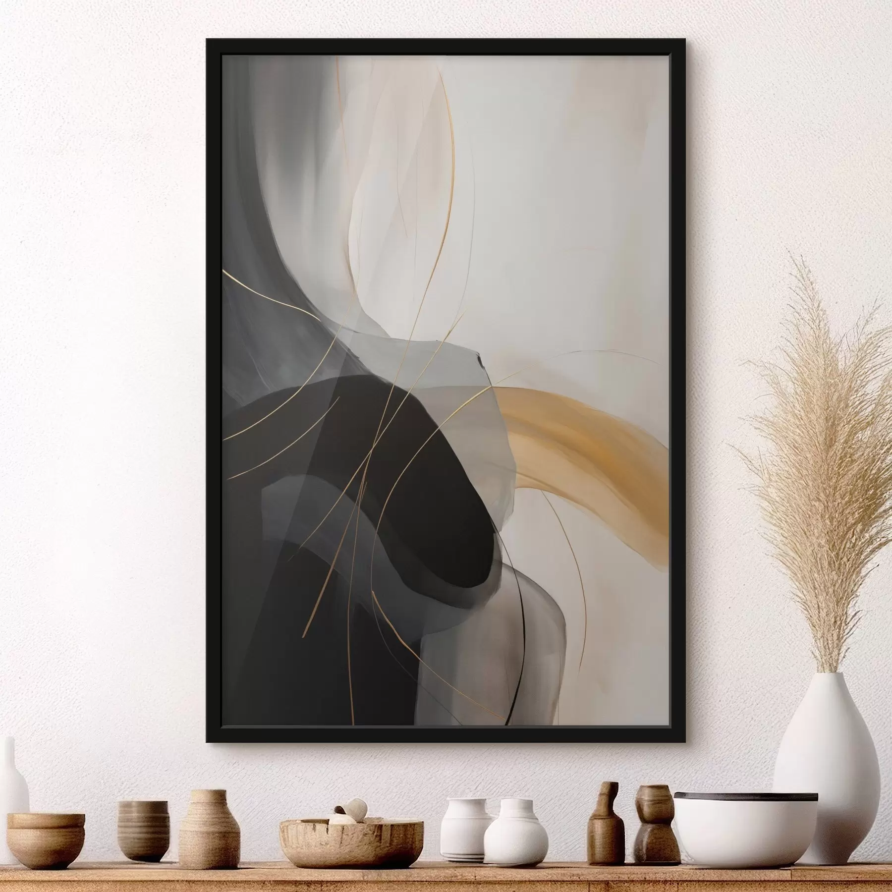 carta da parati Curve morbide in nero e beige con un accento caldo nr. f46542