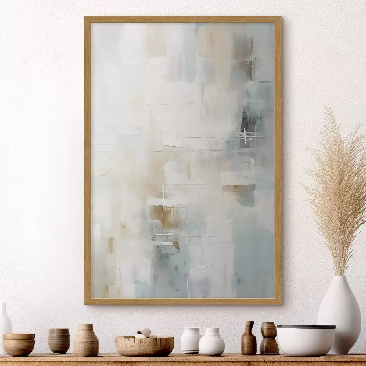 Poster Pennellate leggere di blu e beige su sfondo bianco f46547
