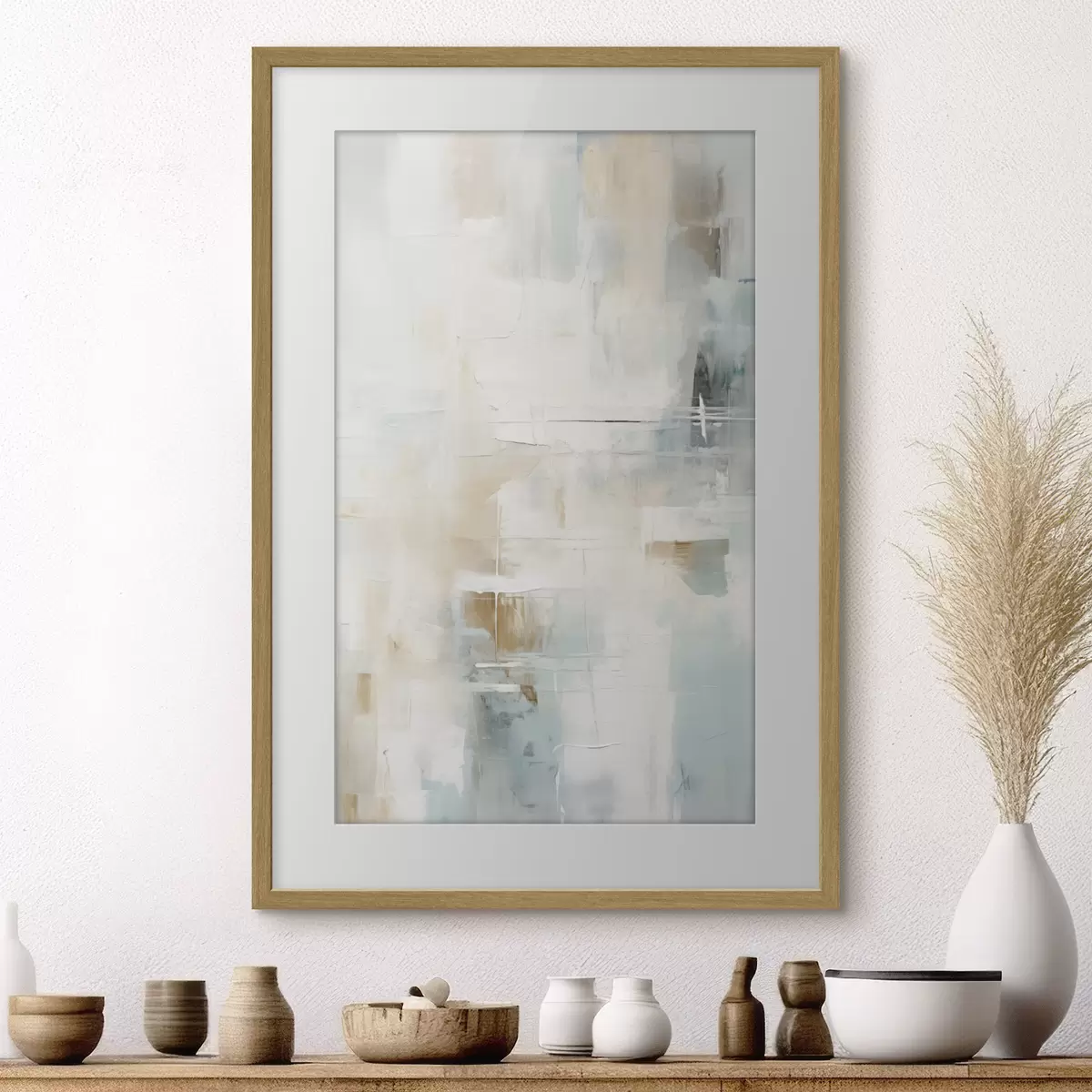 Poster Pennellate leggere di blu e beige su sfondo bianco f46547