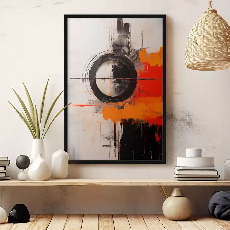 carta da parati Cerchio nero su sfondo bianco, pennellate e schizzi arancioni nr. f46549