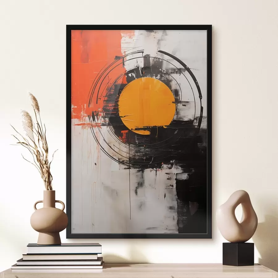 carta da parati Disco arancione all'interno di un anello nero, pennellate e schizzi nr. f46550