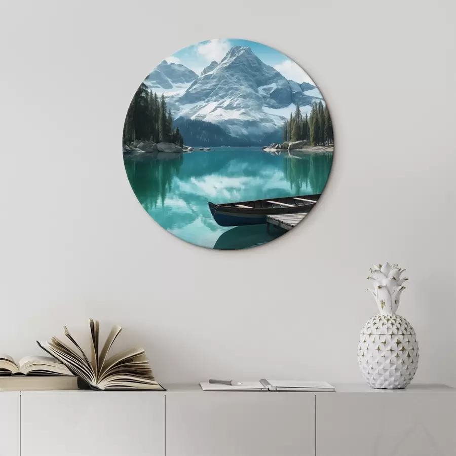 carta da parati Lago alpino con canoa e cime innevate nr. r46481