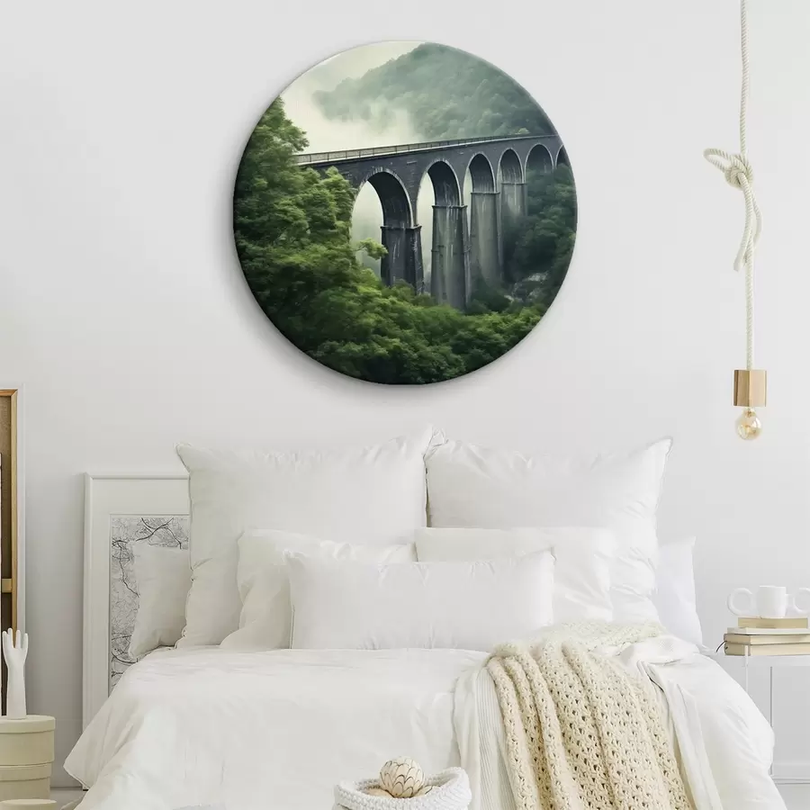 carta da parati Viadotto in pietra sopra una valle boschiva avvolta dalla nebbia nr. r46483