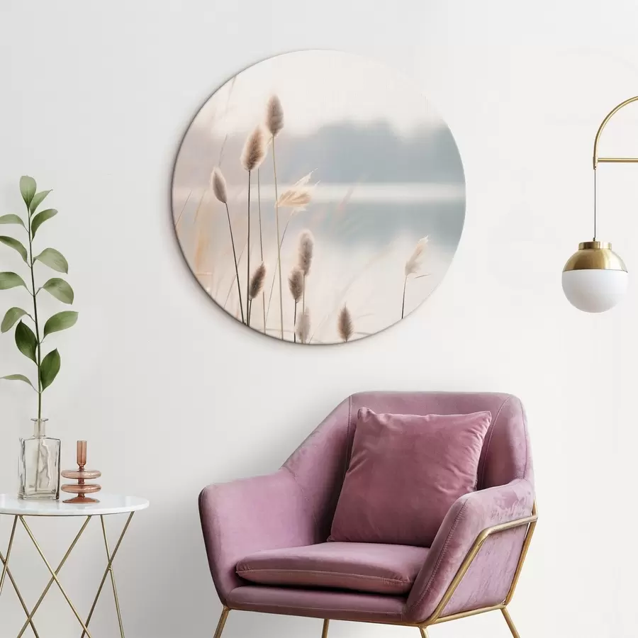 carta da parati Canneti morbidi in riva a un lago nebbioso, tonalità beige pastello nr. r46504