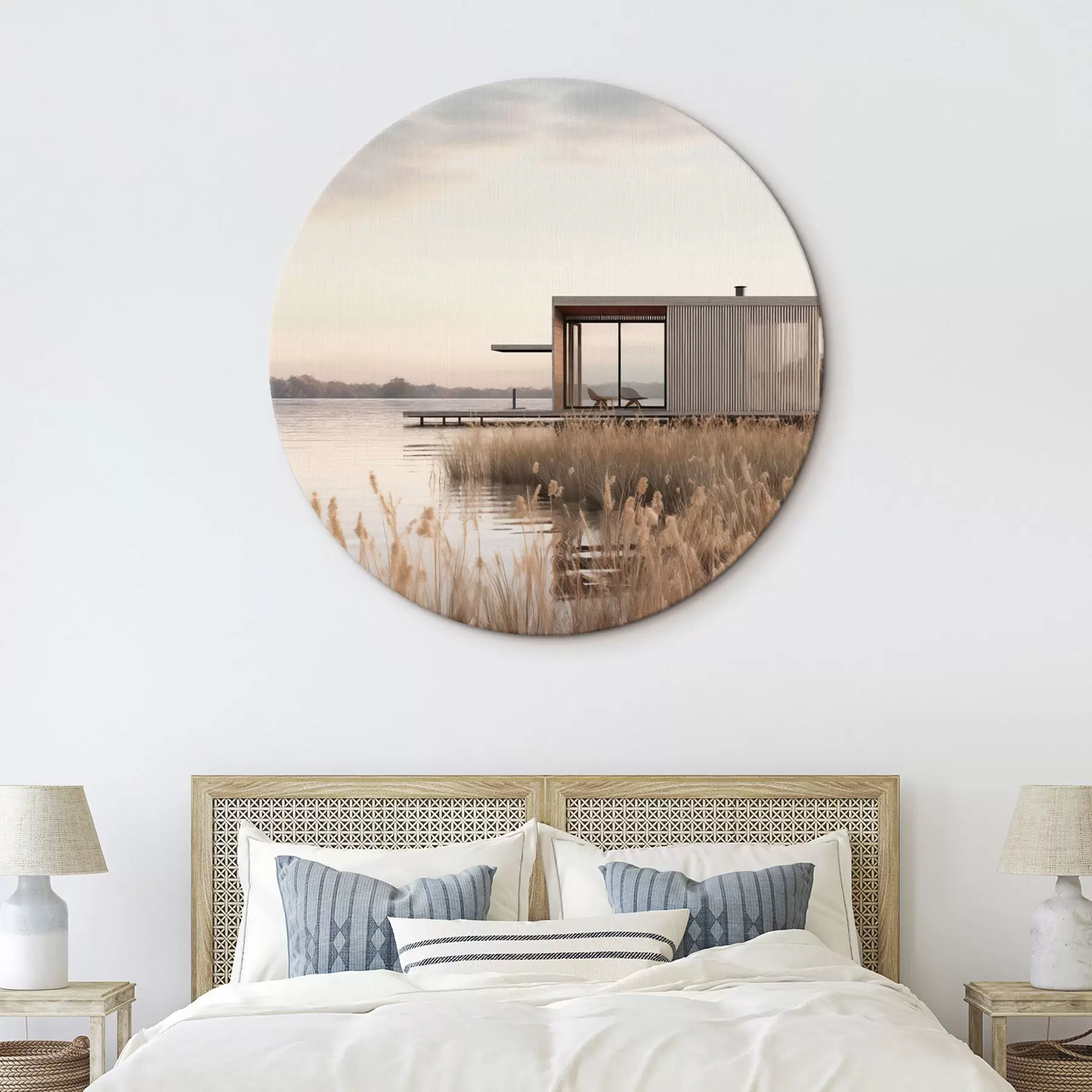 carta da parati Moderna baita sul lago tra i canneti al tramonto nr. r46513