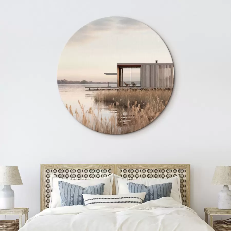 carta da parati Moderna baita sul lago tra i canneti al tramonto nr. r46513