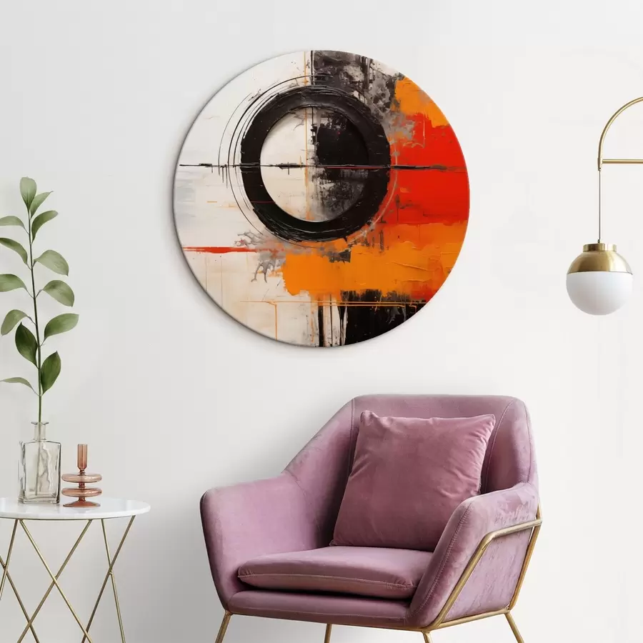 carta da parati Cerchio nero su sfondo bianco, pennellate e schizzi arancioni nr. r46549