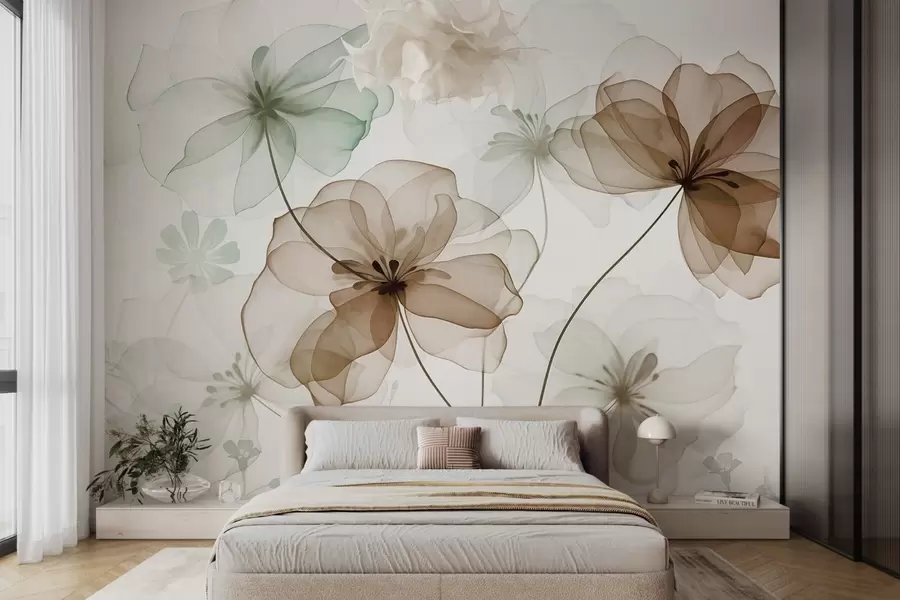 Carta da parati Floreale Fiori traslucidi con petali marroni e verdi, steli lunghi, sfondo chiaro, colori tenui, disegno floreale strutturato n. w09529