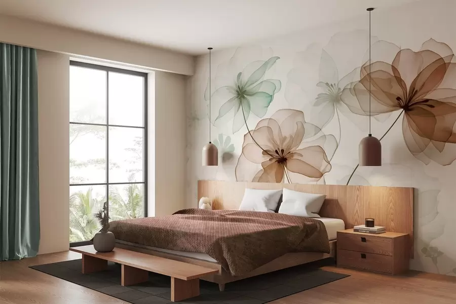 Carta da parati Floreale Fiori traslucidi con petali marroni e verdi, steli lunghi, sfondo chiaro, colori tenui, disegno floreale strutturato n. w09529