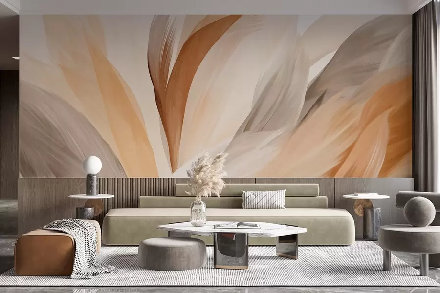 carta da parati Piume astratte con texture in marrone, bianco, grigio e varie sfumature, sovrapposte su sfondo bianco nr. w09531