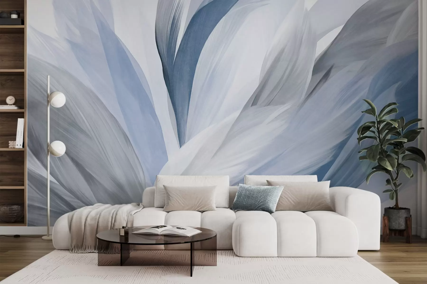 carta da parati Piume astratte con texture in blu, bianco, grigio e varie sfumature, sovrapposte su uno sfondo bianco nr. w09531v1
