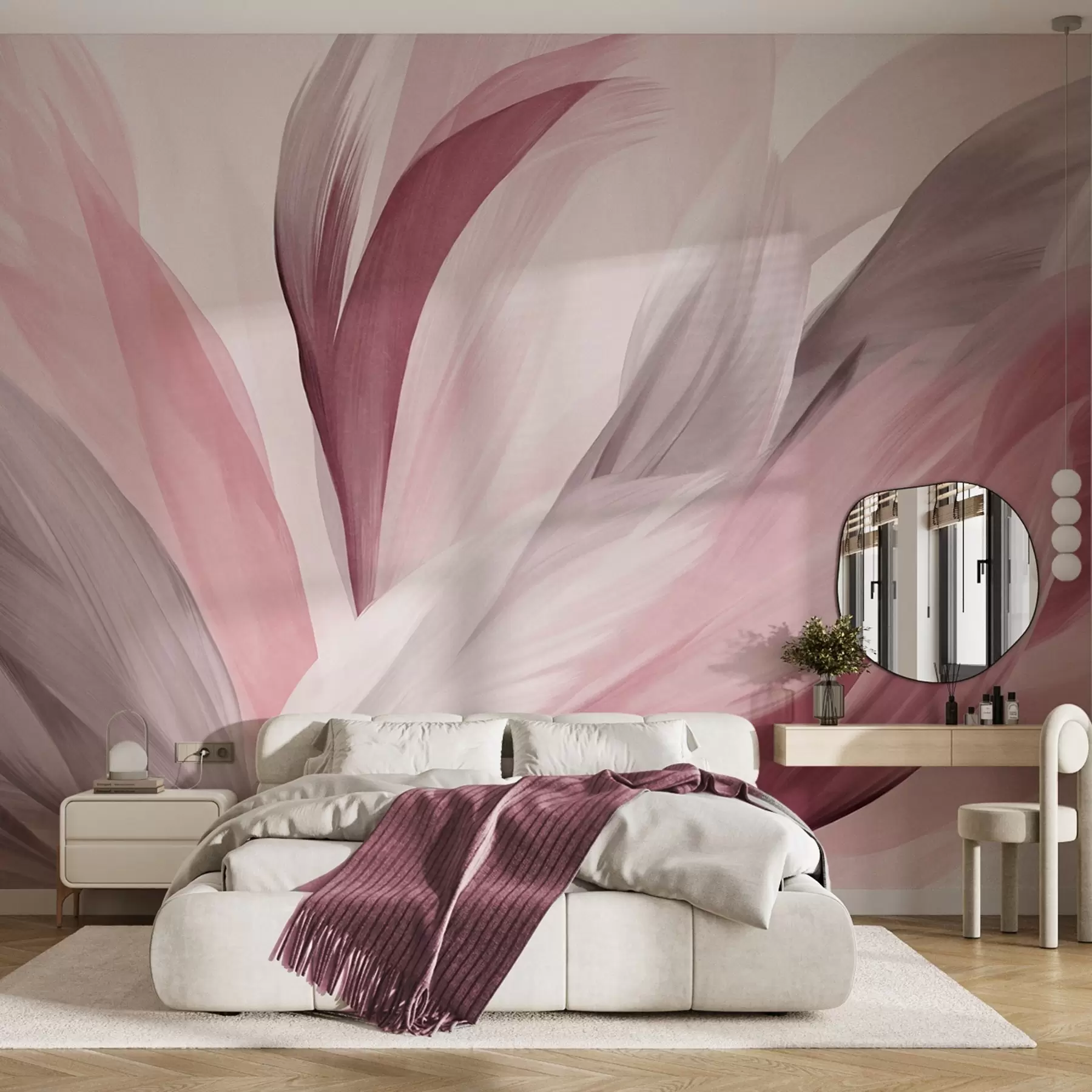 carta da parati Piume astratte con texture in rosa, bianco, grigio e varie sfumature, sovrapposte su uno sfondo bianco nr. w09531v2