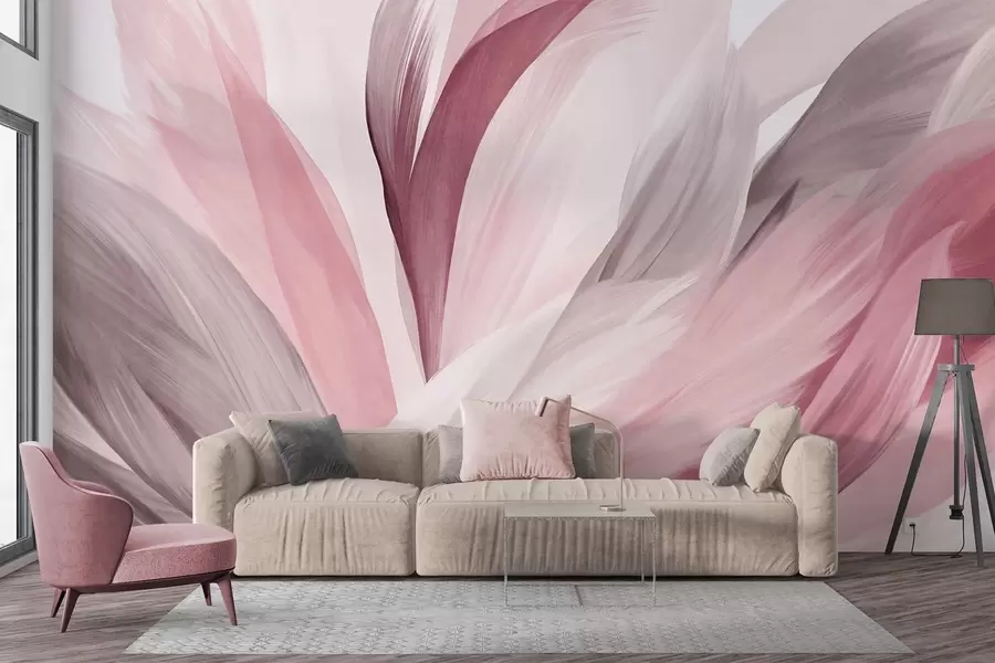 carta da parati Piume astratte con texture in rosa, bianco, grigio e varie sfumature, sovrapposte su uno sfondo bianco nr. w09531v2