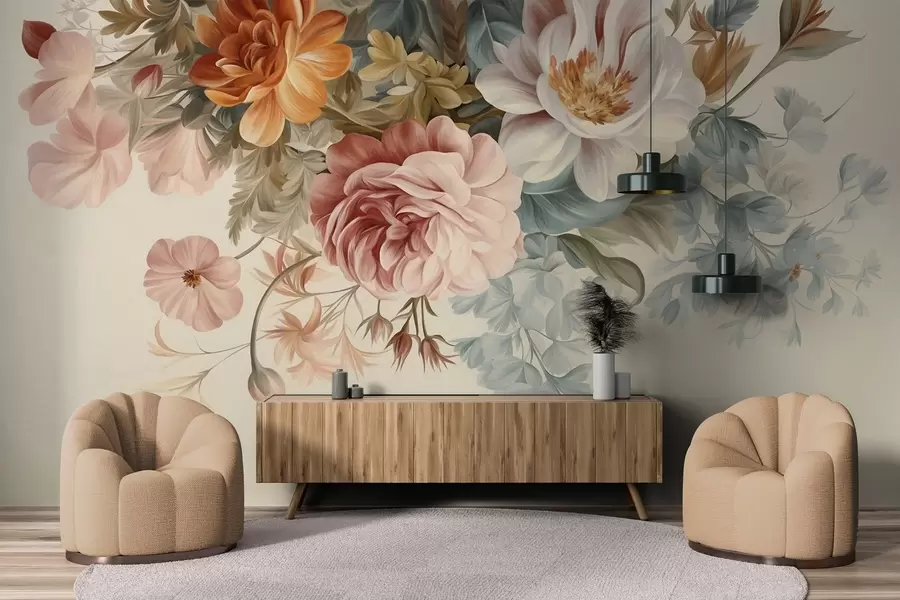 Carta da parati Floreale Composizione floreale vintage con rose, peonie e altri fiori dalla texture particolare con fogliame, su sfondo chiaro n. w09532