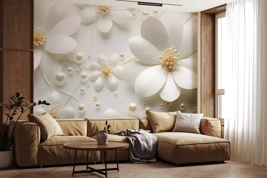 Carta da parati Floreale Fiori bianchi con perle sparse su sfondo bianco, design elegante e minimalista, texture n. w09535