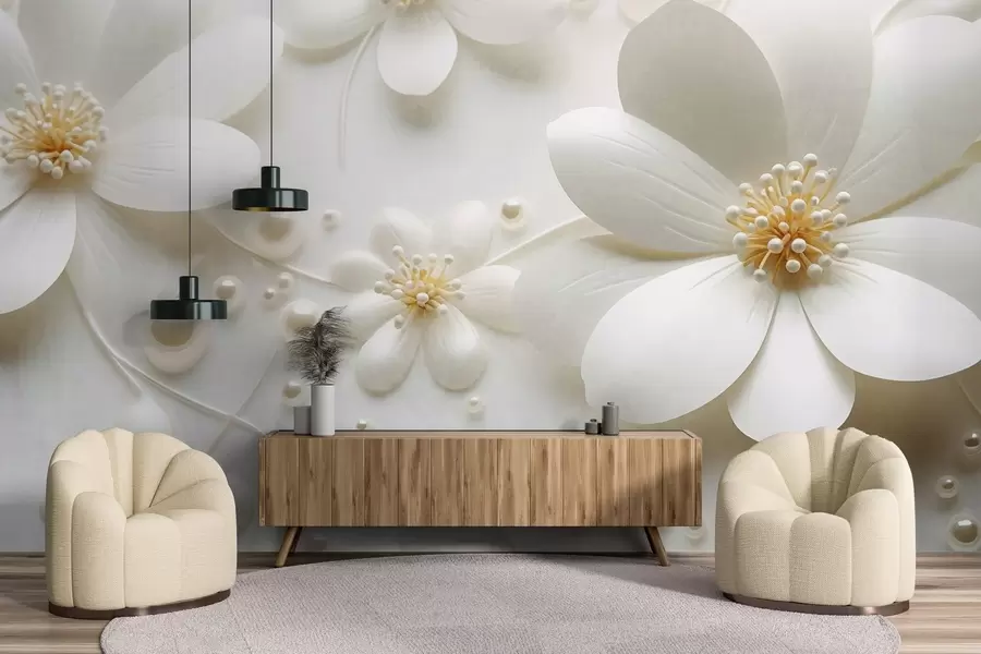 Carta da parati Floreale Fiori bianchi con perle sparse su sfondo bianco, design elegante e minimalista, texture n. w09535