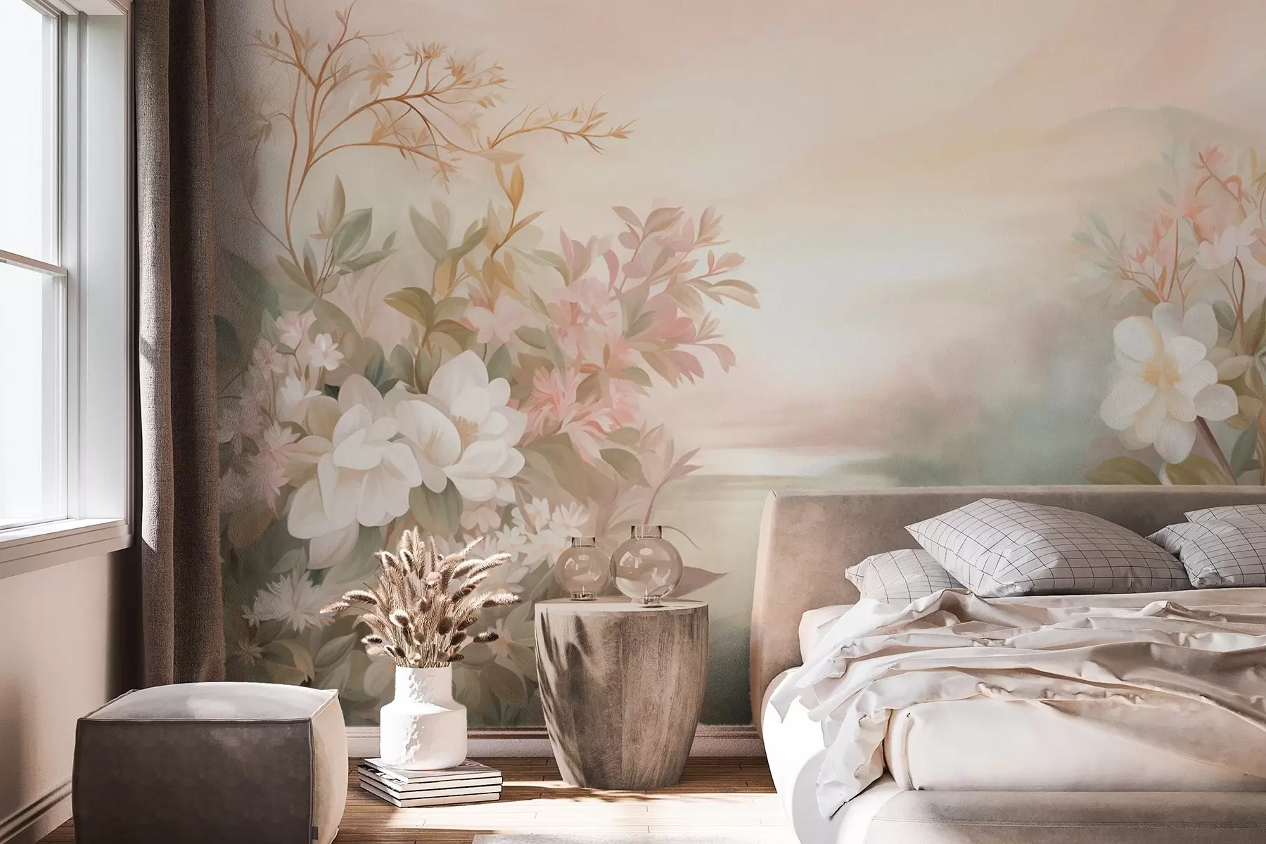 Carta da parati Floreale Un paesaggio con un fiume circondato da fiori e piante, colori tenui, cielo rosa, stile acquerellato n. w09537