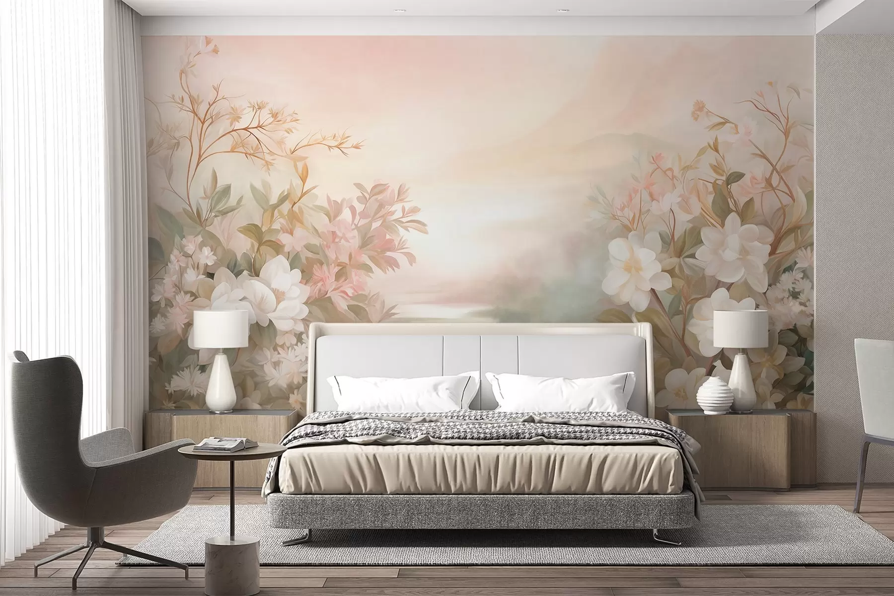 carta da parati Un paesaggio con un fiume circondato da fiori e piante, colori tenui, cielo rosa, stile acquerellato nr. w09537