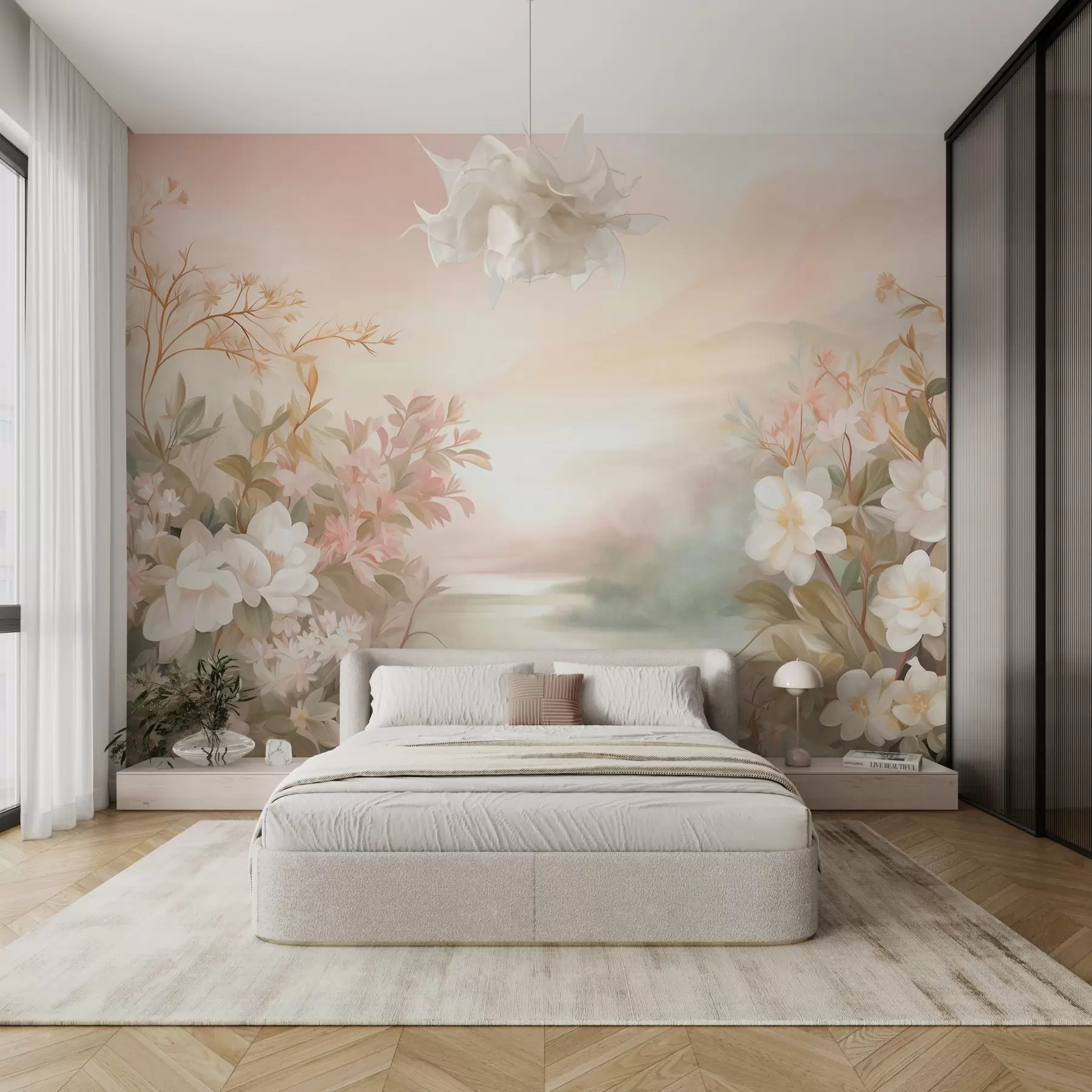 Carta da parati Floreale Un paesaggio con un fiume circondato da fiori e piante, colori tenui, cielo rosa, stile acquerellato n. w09537