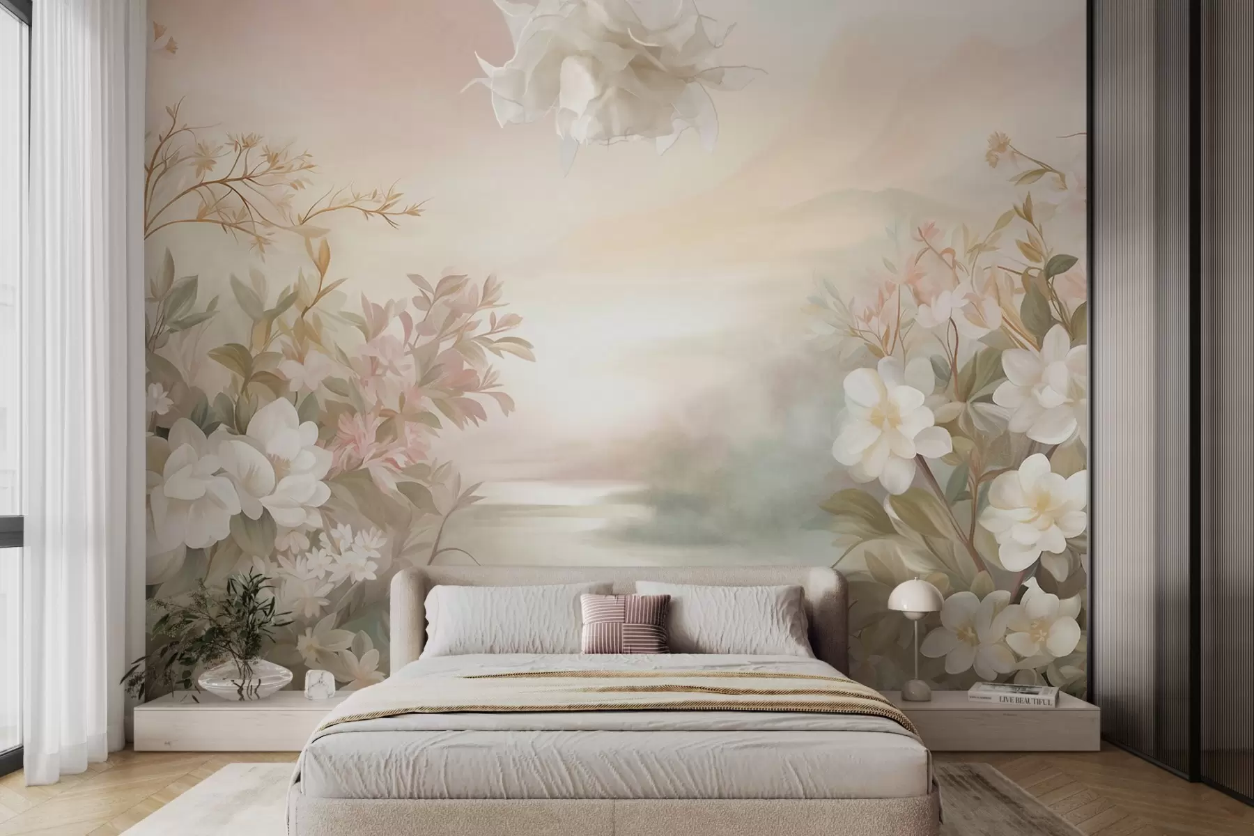 Carta da parati Floreale Un paesaggio con un fiume circondato da fiori e piante, colori tenui, cielo rosa, stile acquerellato n. w09537