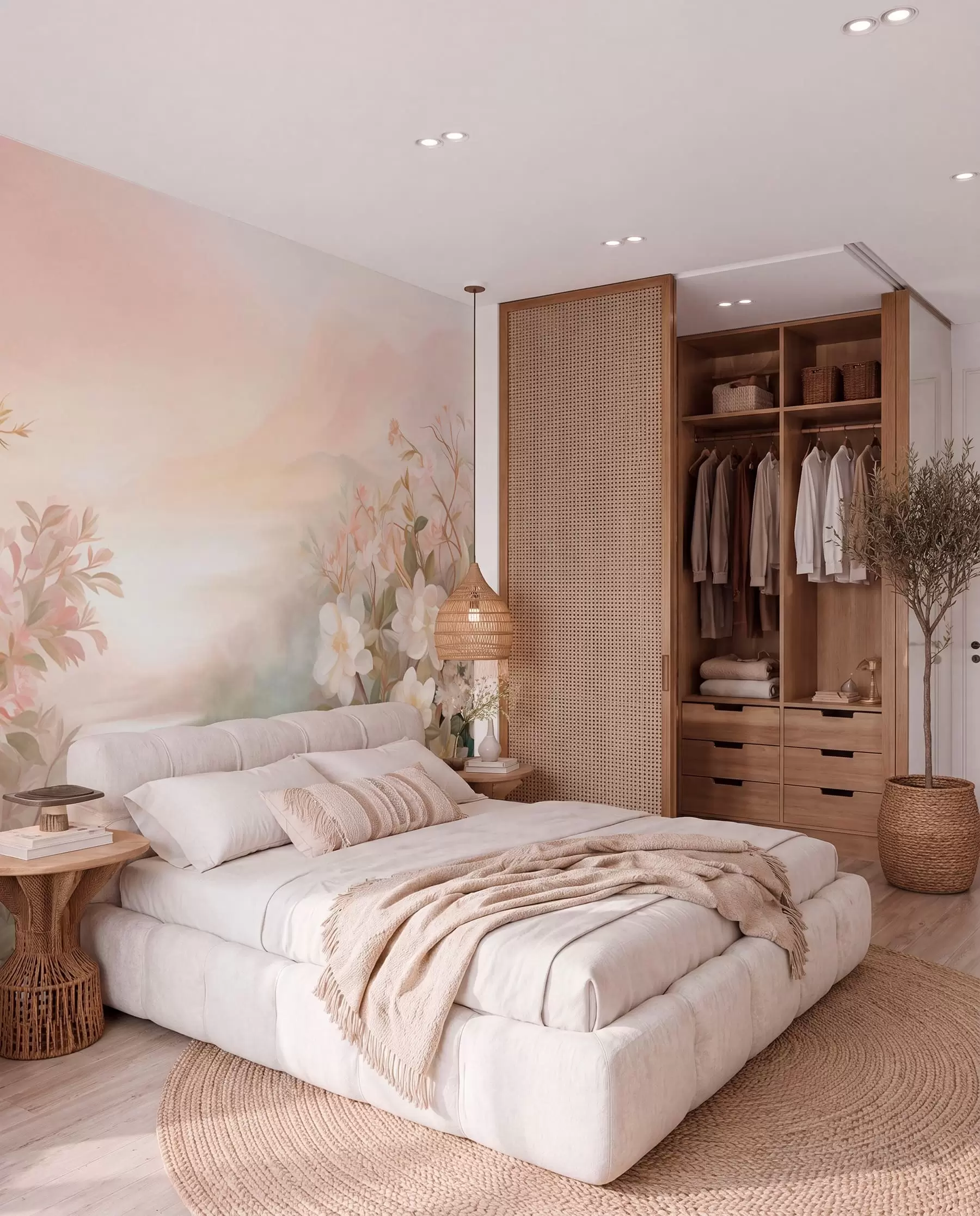 carta da parati Un paesaggio con un fiume circondato da fiori e piante, colori tenui, cielo rosa, stile acquerellato nr. w09537