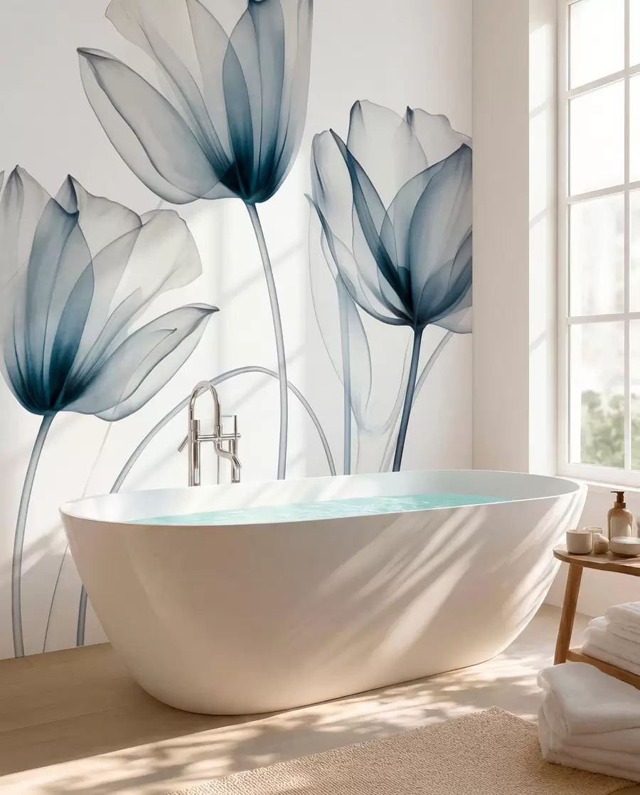 Carta da parati Moderno Fiori di tulipano blu e bianchi traslucidi con steli lunghi, su sfondo chiaro, arte floreale delicata e ricca di texture n. w09538